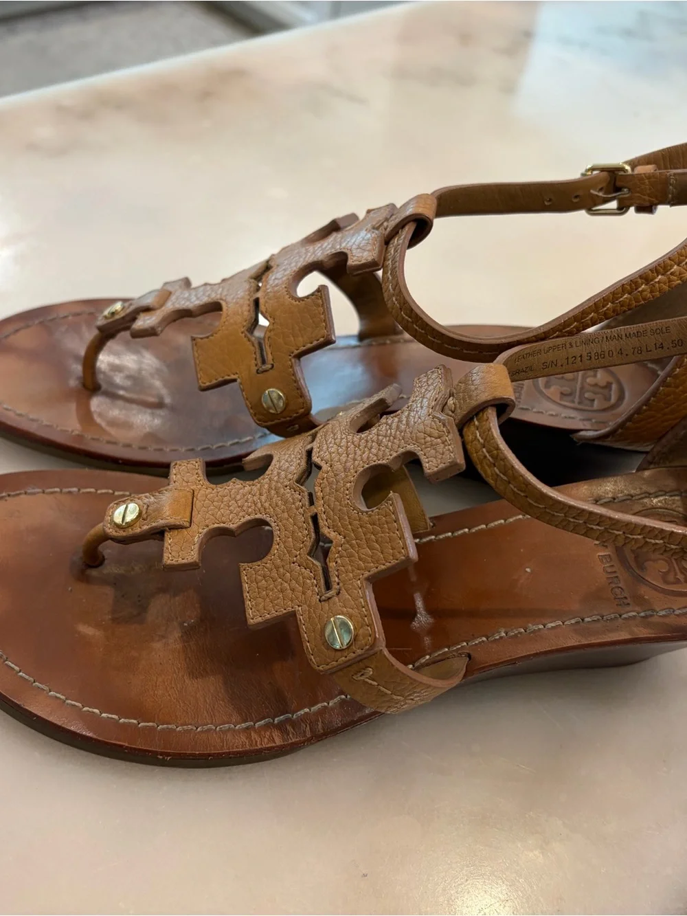 Tory Burch Tan Leather Logo Cutout Ankle Strap Sandals